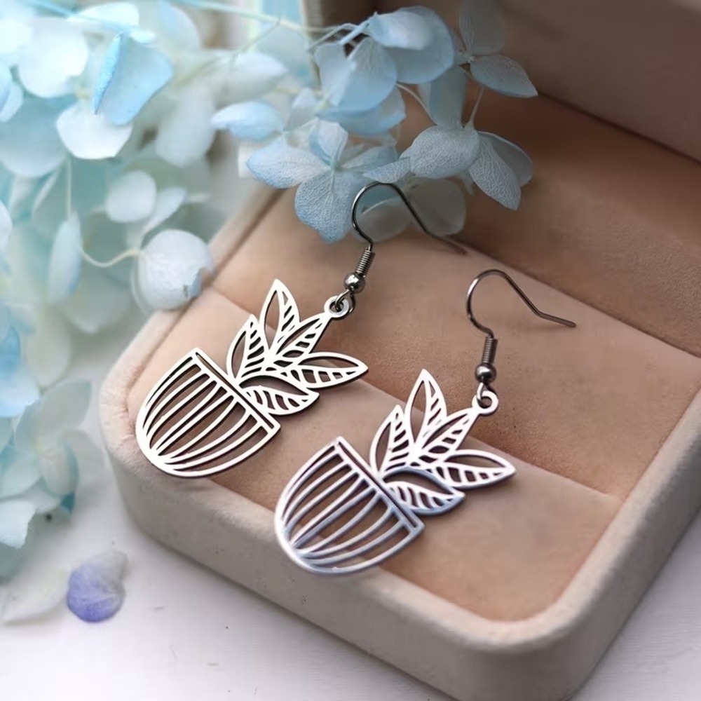 Stainless Steel Potted Plant Drop Earrings Silver Tone Botanical Dangle Jewelry